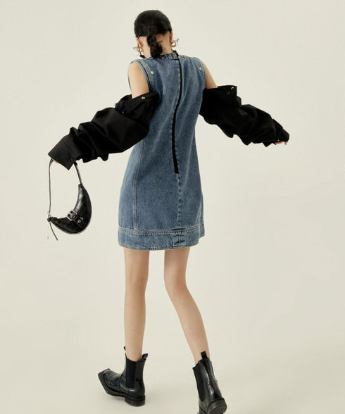 Detachable Sleeve Denim Mini Dress